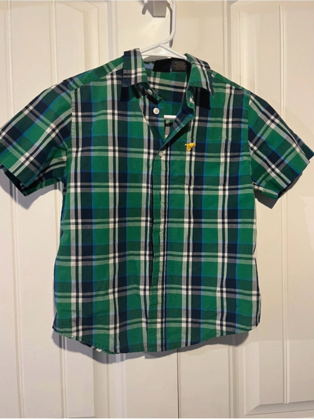 Wrangler Green and Blue Plaid Short-Sleeve Button-Down Shirt
